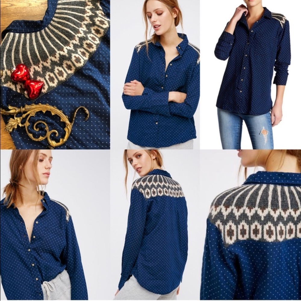Free People Blue Polka Dot Wool Blend Buttoned Down Sweater Knit Inset Shirt.SzL